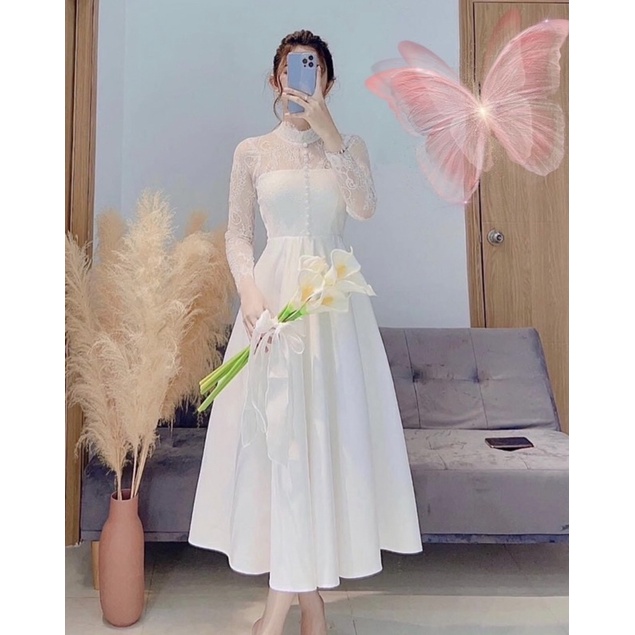 Đầm cưới (dạ hội) dáng tay dài phối ren váy xoè xếp ly màu trắng