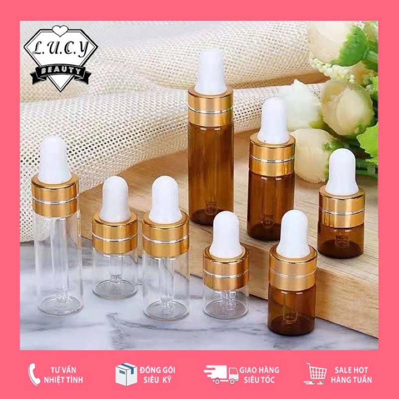 Chai lọ chiết tinh dầu, serum đựng tinh chất mỹ phẩm, thủy tinh, nắp trắng, thân trong suốt, thân nâu 5ml