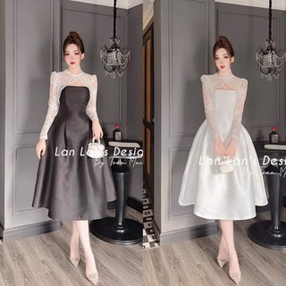 Đầm thiết kế dự tiệc, đầm dáng xòe chất tapta phối ren mềm cao cấp