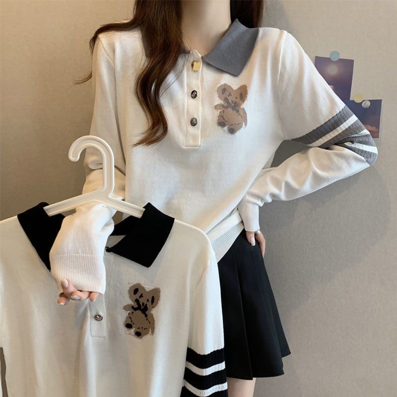 COZOK Áo polo Dệt Kim Tay Dài Thêu Hình Gấu Màu Tương Phản Dễ Thương