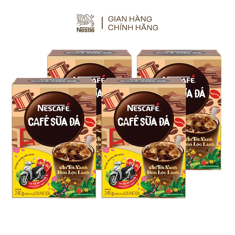 [CÀO TRÚNG THƯỞNG TẾT] Combo 4 hộp cà phê hòa tan Nescafé cà phê sữa đá (1 Hộp: 10 gói x 24g)