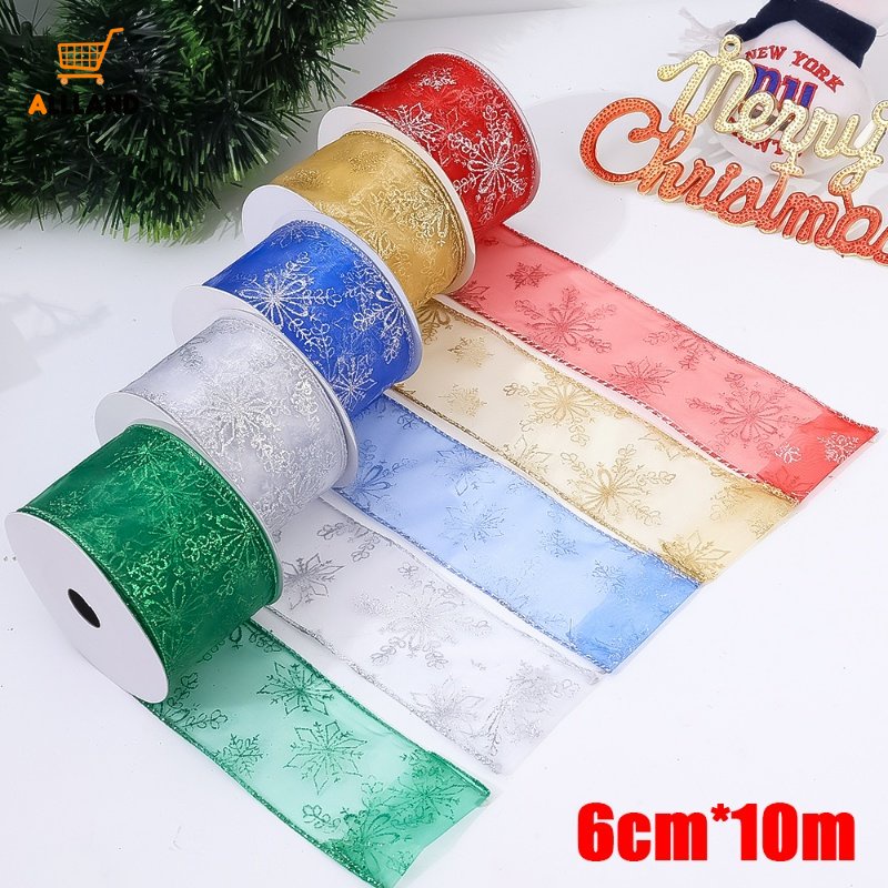 Cuộn Dây Ruy Băng Lưới 6CM * 10M Họa Tiết Bông Tuyết Nhiều Màu Sắc Dùng Trang Trí Giáng Sinh