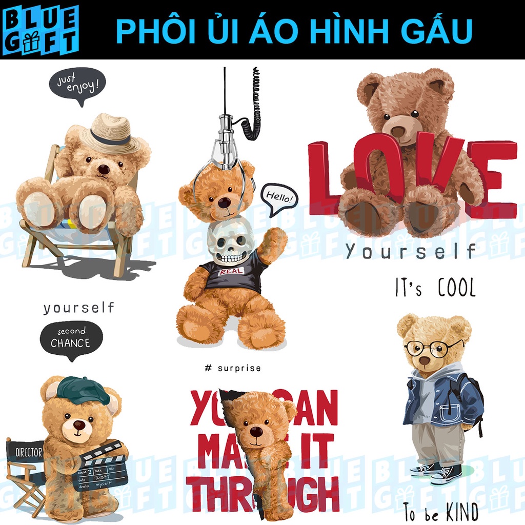 (Hình Ủi Nhiệt Quần Áo - Miếng Dán Ủi Quần Áo) Có In Theo Yêu Cầu, Hình Ủi Gấu G26 - Blue Gift