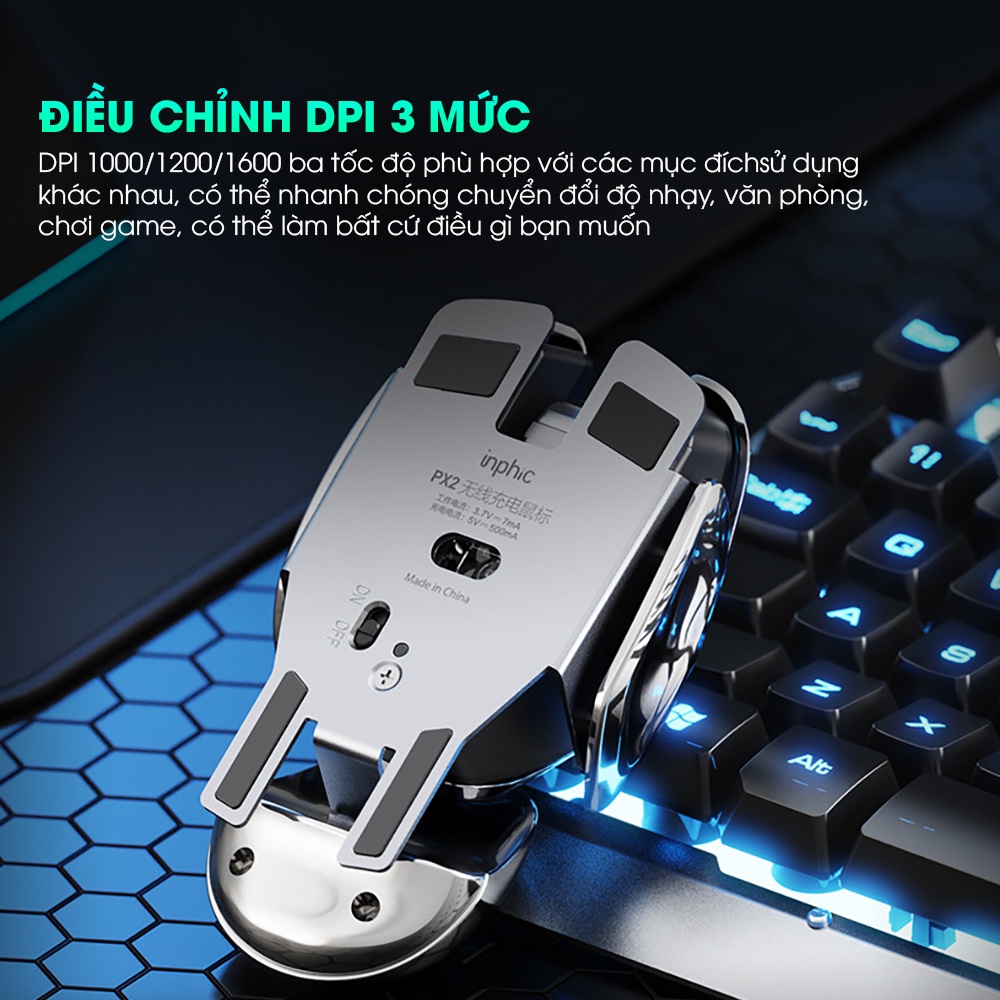 Chuột máy tính không dây SIDOTECH PX2 gaming pin sạc thiết kế tương lai click tắt âm chống ồn chơi game cho laptop pc