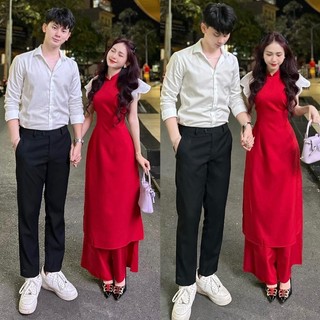 Set áo dài lụa đỏ cách tân phối tay cánh tiên trắng ( áo + quần)