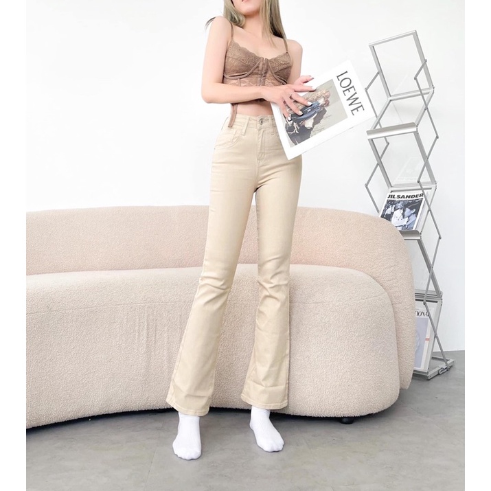 QUẦN JEANS XUẤT KHẨU  LOE TRẮNG/KEM DÀI 105CM LƯNG CAO CO GIÃN QJ658