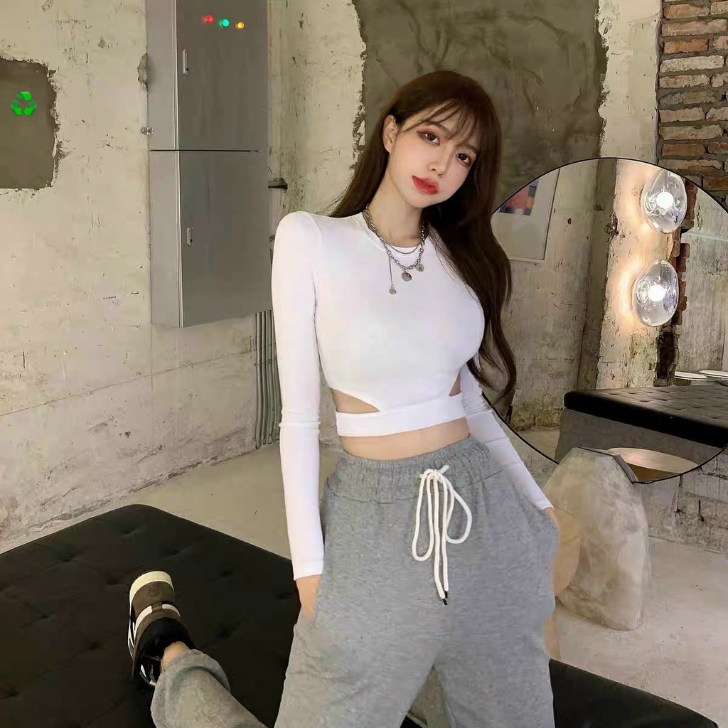 Áo kiểu tay dài croptop khoét 2 bên eo trơn cực hot , chất thun bozip dày dặn mềm mịn