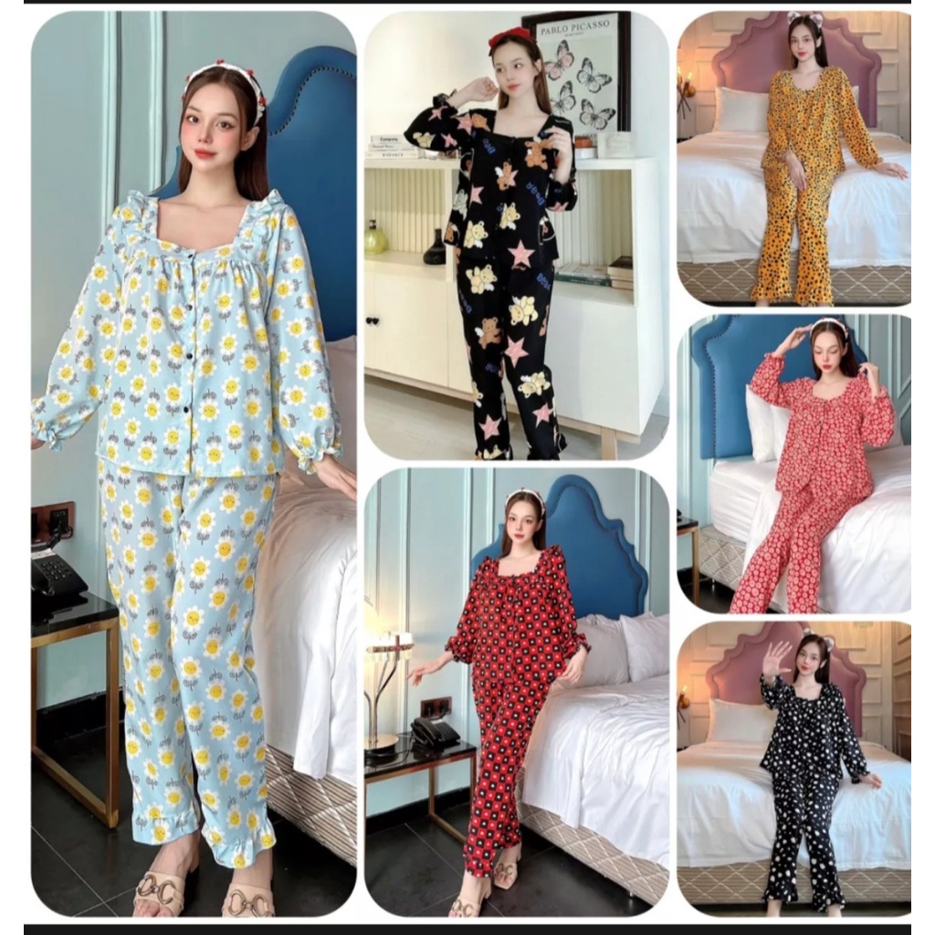 (Mới về) Hình shop tự chụp. Bộ mặc nhà áo dài tay quần dài cổ sen in họa tiết nơ siêu cưng