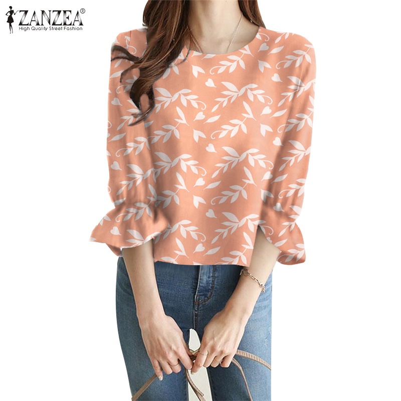 Áo sơ mi ZANZEA tay lửng 3 / 4 cổ tròn họa tiết lá thời trang cho nữ