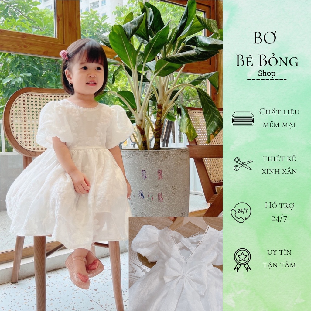 Váy Công Chúa, Váy Ren Gấm Trắng Bé Gái 14-30kg, Bơ Bé Bỏng