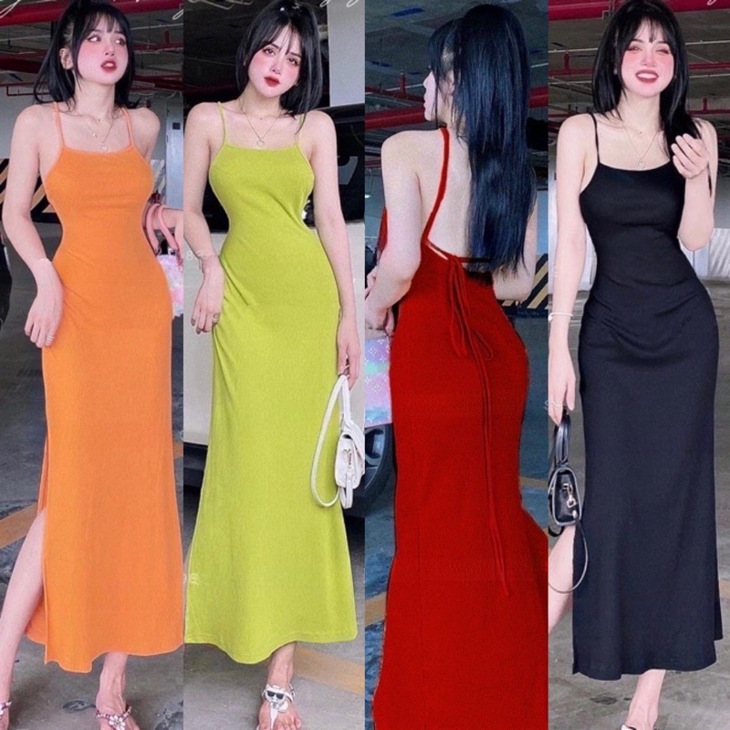 Có Mút Ngực Đầm 2 Dây Maxi Xẻ Tà Cổ U Bo Tăm 1m5 Dài Hở Lưng Đan Dây