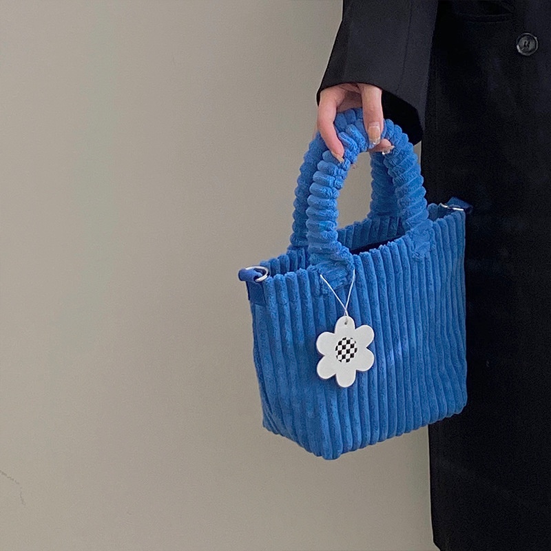 IELGY Túi Đeo Chéo Vải Nhung Kẻ Màu Xanh Dương Dễ Thương Phong Cách Hàn Quốc Cho Bạn Gái