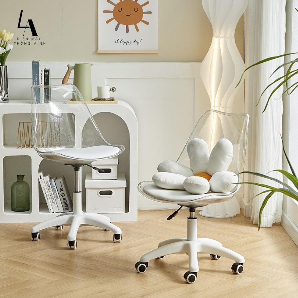 Ghế xoay văn phòng tựa lưng trong suốt có đệm cao cấp, Ghế Trong Suốt Chân Nhựa Xoay Nâng Hạ Chiều Cao Có Bánh Xe