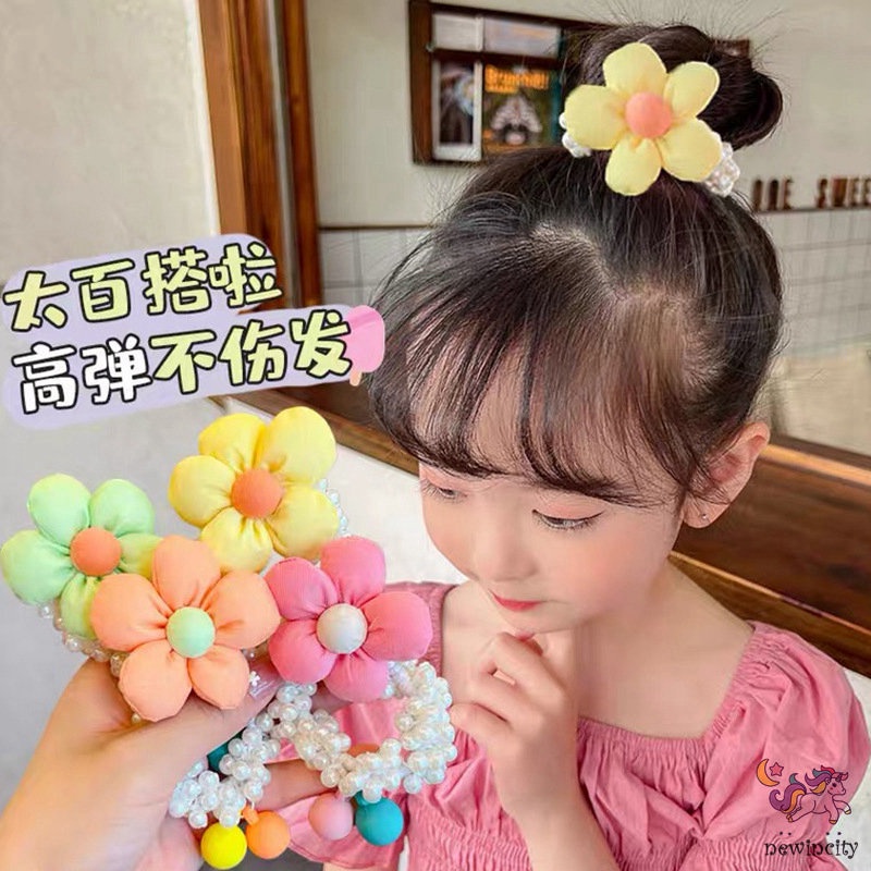 Dây Cột Tóc Cao Su Đính Hoa Và Ngọc Trai Phong Cách Hàn Quốc Cho Bé Gái