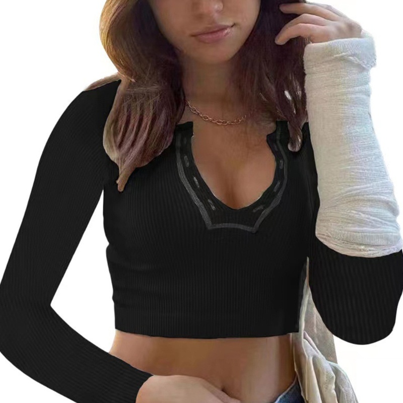 Áo Croptop Dệt Kim Tay Dài Cổ Chữ V Màu Trơn Dáng Ôm Thời Trang Quyến Rũ Cho Nữ