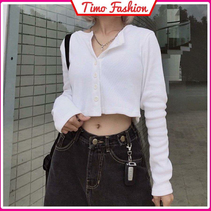 Áo croptop tay dài, áo croptop Yan cổ tim phối khuy unisex dáng ôm dày dặn phong cách trẻ trung, năng động ulzzang AO021
