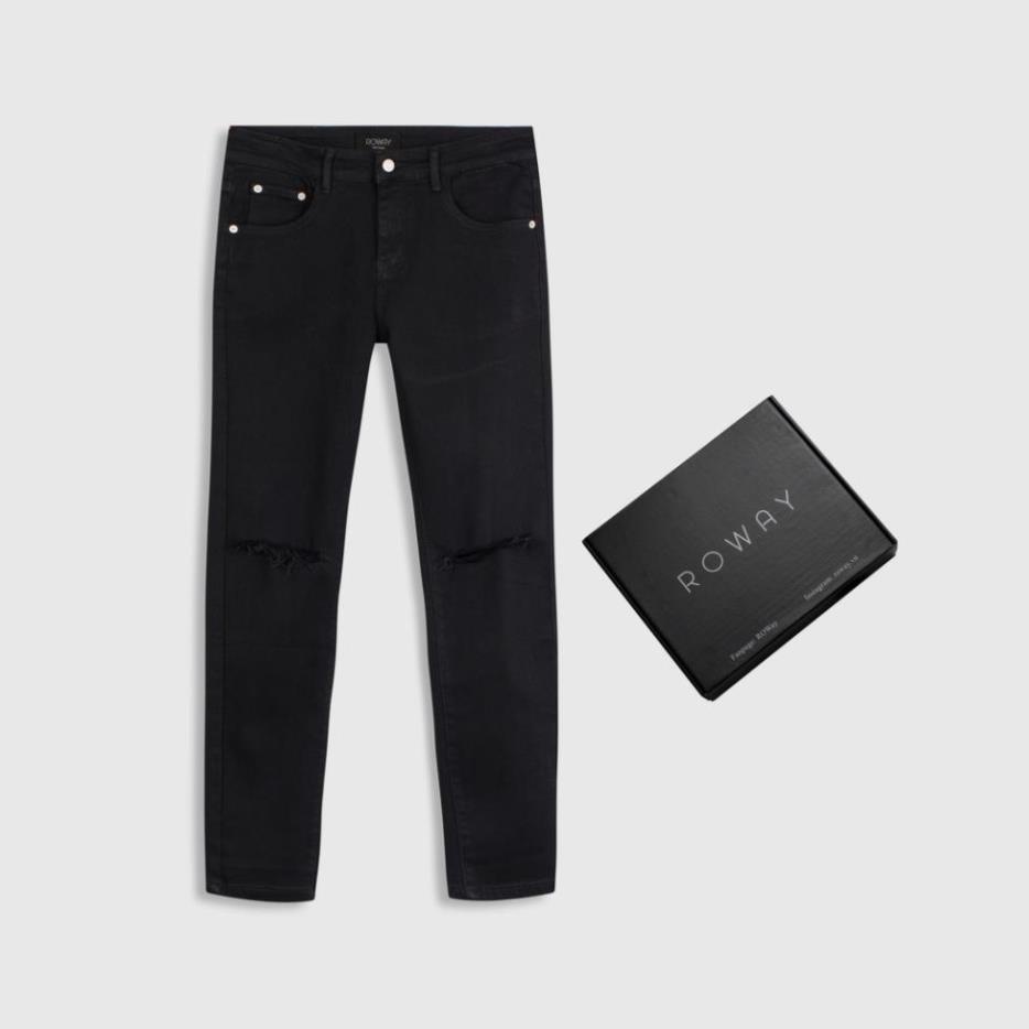 Quần jean nam ROWAY vải denim co giãn nhẹ, form skinny, Jean đen rách gối ! i