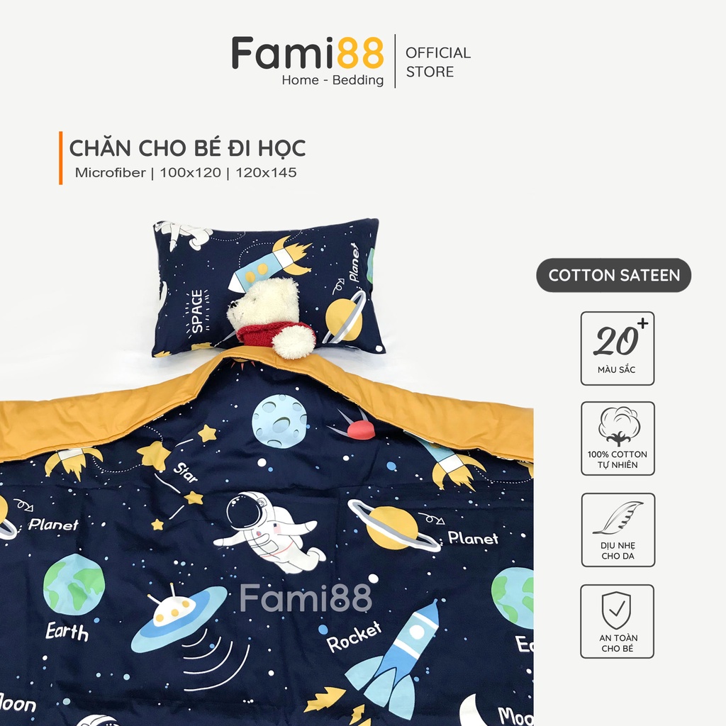 Chăn gối cho bé trai đi học mầm non tiểu học Fami88 Bedding, mền cho bé Vũ Trụ Phi Hành Gia 100% cotton tự nhiên