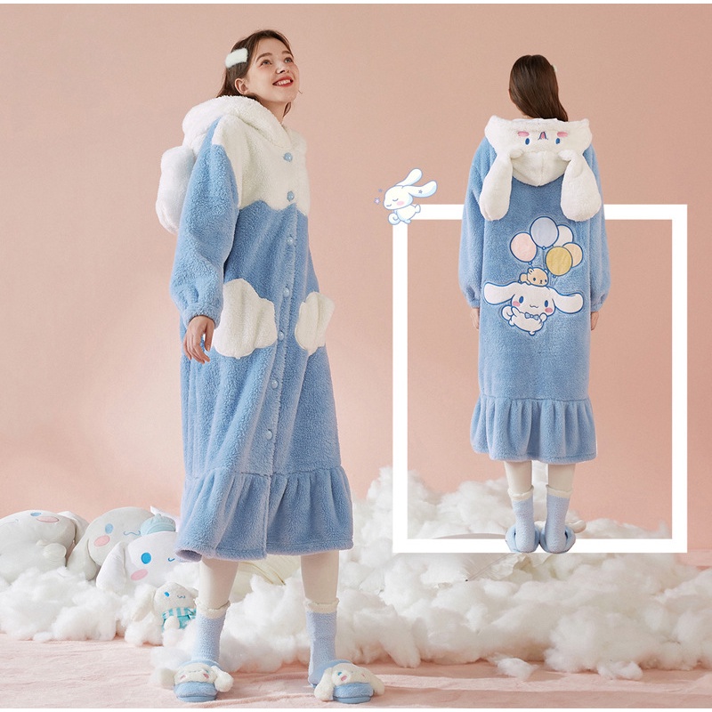 Áo Choàng Ngủ váy Set Lông Cừu San Hô Dày Dặn In Hoạt Hình Stitch Dễ Thương Cho áo khoác lông cừu