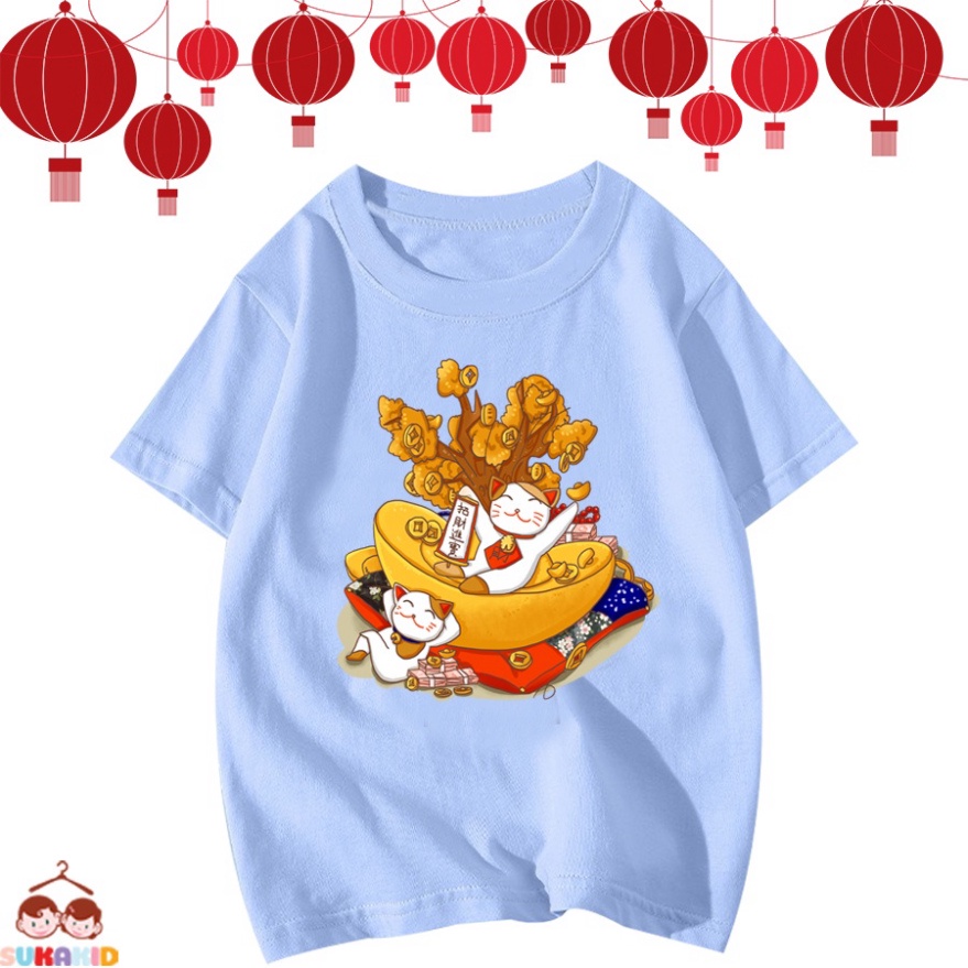 (Sale tết ) Combo 4 Áo thun trẻ em tết 2 chú mèo nằm trên thỏa vàng cho bé từ 6kg-30kg.AT17.