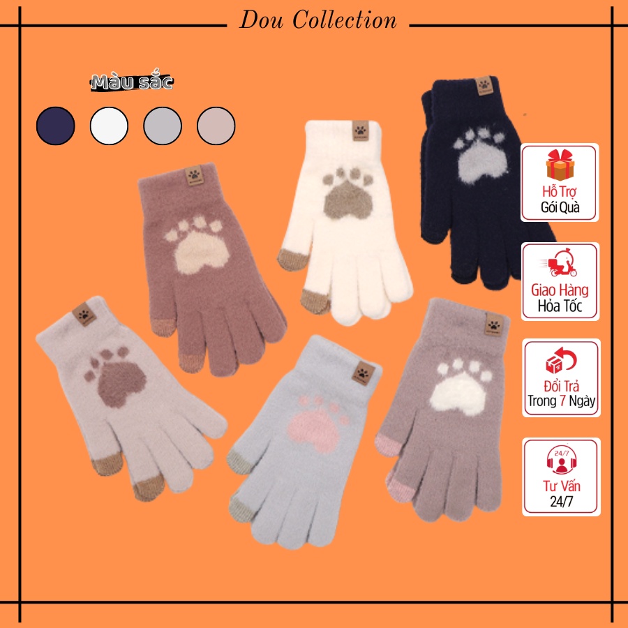 Găng tay len dệt kim dày cao cấp màu trơn phối tay gấu giữ ấm thiết kế