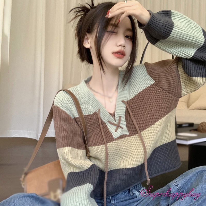 Áo Sweater Dệt Kim Tay Dài Dáng Rộng Kẻ Sọc Màu Sắc Tương Phản Thời Trang Cho Nữ