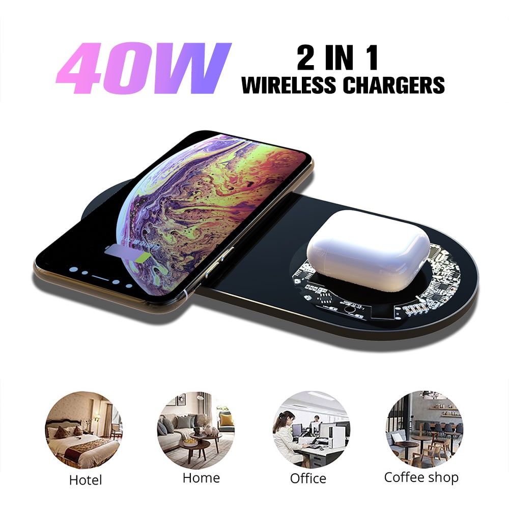 Đế Sạc Nhanh Không Dây 40W 2 Trong 1 Cho IPhone 12 11 Pro XS XR X 8 Airpods Pro Samsung S20 S10 S9 S8 note