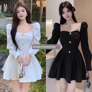 Váy xoè tay dài chun vai 2 màu Chất mềm mịn Kèm cúc ngọc