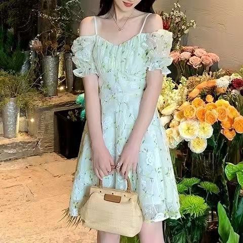 Đầm Hoa Hai Dây Ôm Eo Phong Cách Pháp Thời Trang Cho Nữ