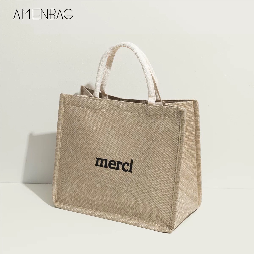 Túi Cói Vintage Merci Loại 1 màu sáng, có đáy giữ form túi, Size Lớn Vải Bố Lanh Cao Cấp Hàn Quốc - Mary Accessories