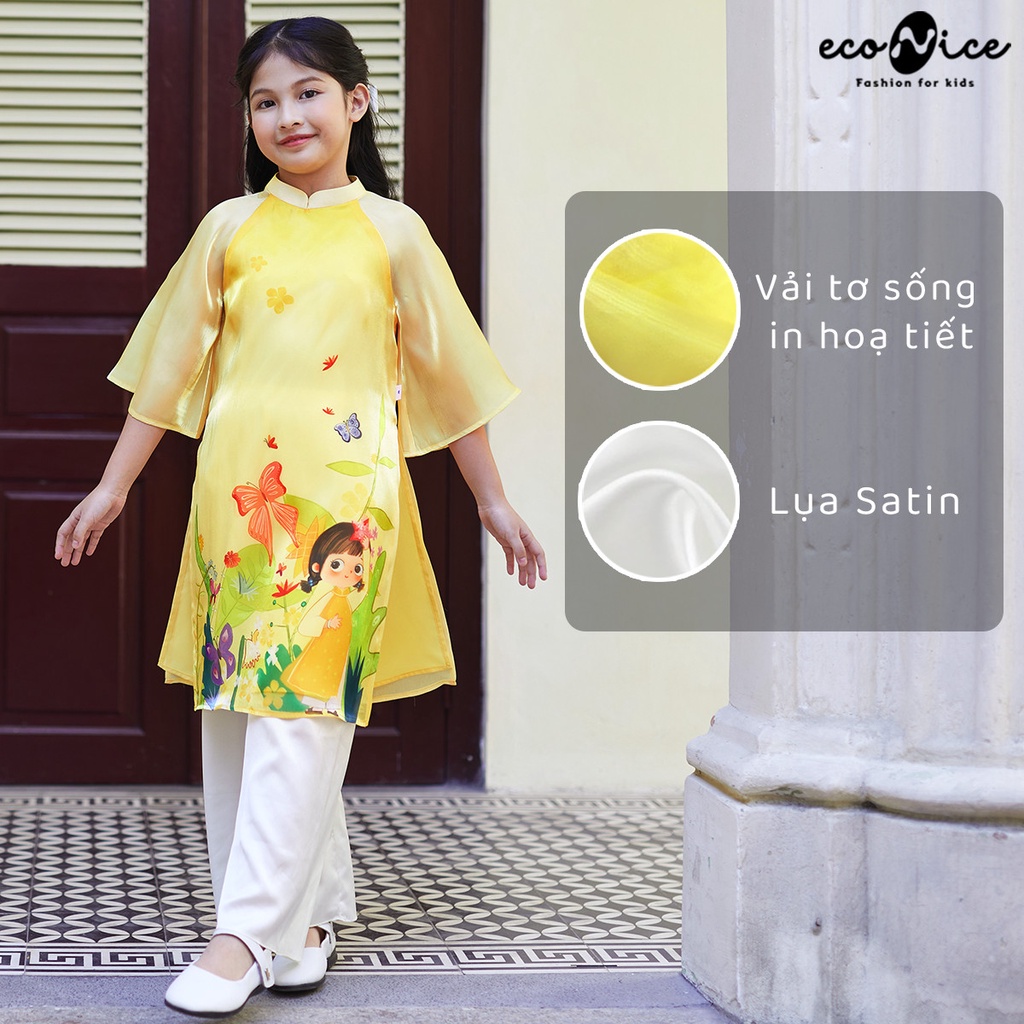 Áo dài tết cách tân màu vàng họa tiết cho bé gái, bé trai Econice AD029. Size áo dài tết cho trẻ em 3 đến 10 tuổi
