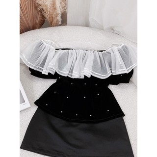 SET ÁO NHUNG ĐEN PHỐI BÈO + CHÂN VÁY ĐEN [kèm ảnh thật ]