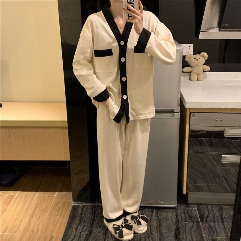 Bộ Đồ Ngủ Tay Dài Cổ Chữ V Màu Sắc Tương Phản Thời Trang Thu Đông Xinh Xắn Cho Nữ