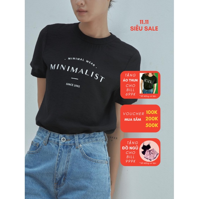 COCO SIN - Áo Lụa In Logo Đen Minimalist Cổ Tròn
