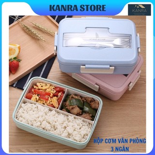 HỘP CƠM 3 NGĂN LÚA MẠCH 💥FREESHIP💥 Hộp đựng cơm Văn pòng 3 ngăn kèm thìa đũa Siêu tiện dụng-dùng được cả cho lò vi sóng
