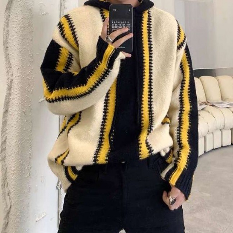 Áo Sweater Có Mũ Trùm Vải Lông Dày Cao Cấp Thiết Kế Sọc Màu Sắc Khóa Hình Hươu Thời Trang Thu Đông Cho