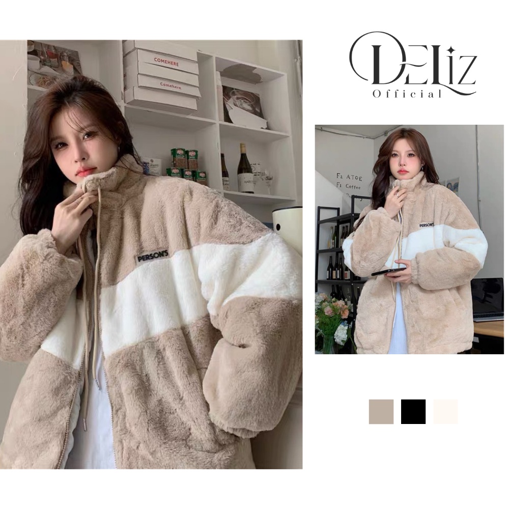 Áo khoác lông cừu mịn phối sọc trắng DELIZ, áo khoác lông form rộng Hàn Quốc