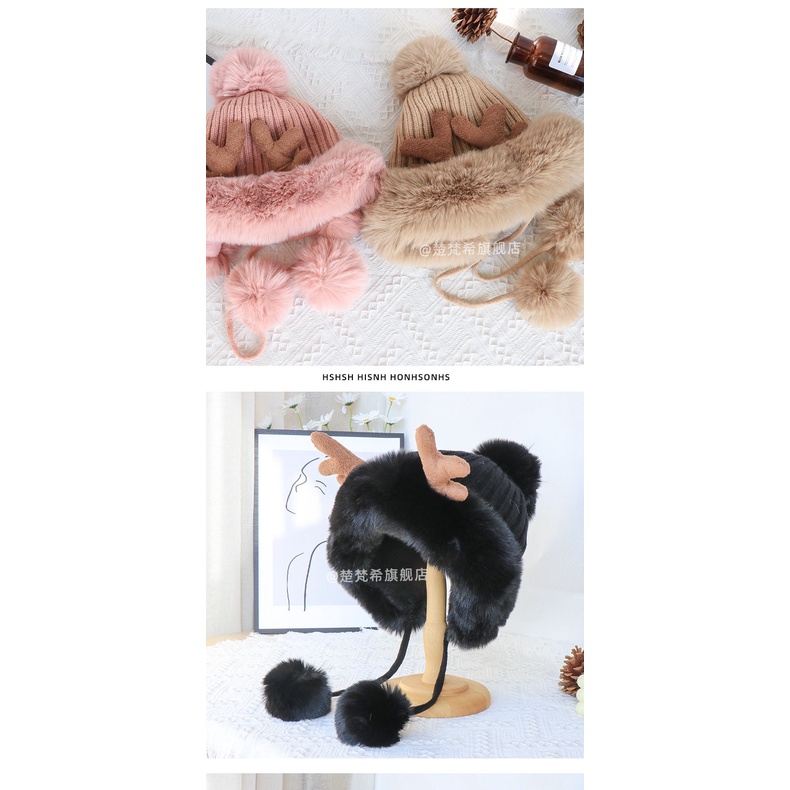 Mũ Len Giáng Sinh Dày Dặn Giữ Ấm Tai Hình Sừng Hươu Dễ Thương Cho Nữ