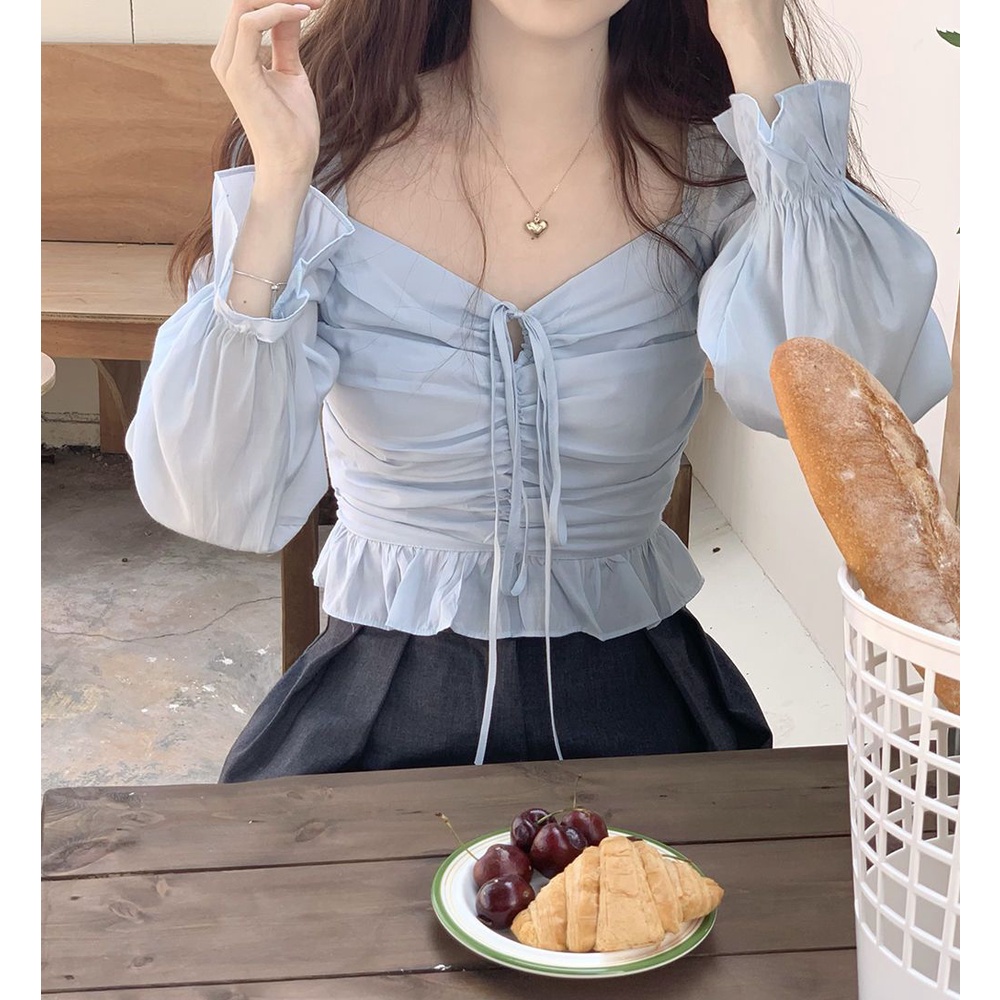 👗Trang phục Junyi💗 Áo Sơ Mi Tay Phồng Cổ Vuông Phong Cách Retro Pháp Thời Trang Mùa Xuân Dành Cho Nữ