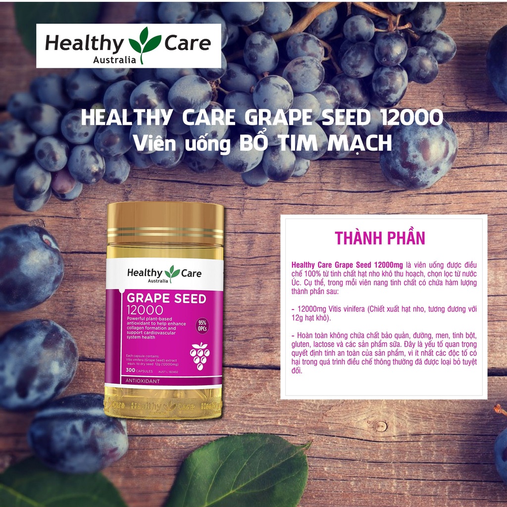Viên uống tinh chất nho Healthy Care Grape Seed 12000mg giúp lưu thông máu 300 viên