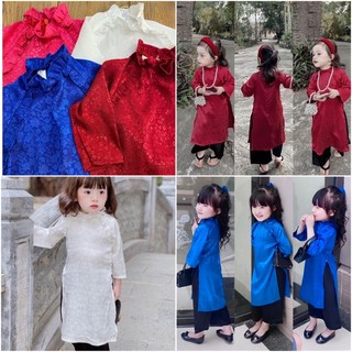 Set áo dài gấm lụa hoa chìm bé gái