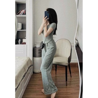 Sét bộ nữ siêu xinh chất thun gân, áo thun ôm cổ tròn phối quần dài ống suông