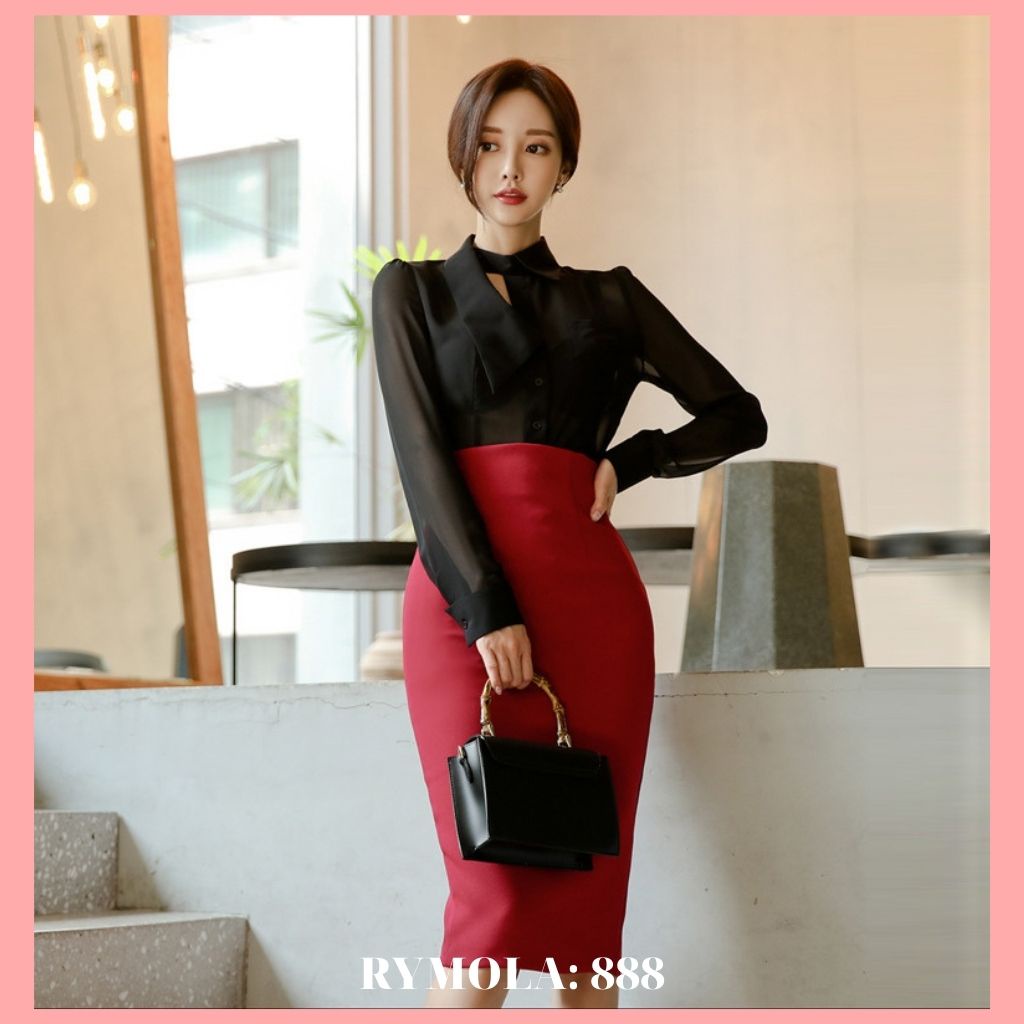 Chân Váy Công Sở Bút Chì MOLA Dáng Dài Qua Gối Màu Đỏ Lưng Cao Xẻ Sau Đẹp Kiểu Hàn Quốc Vintage Cá Tính MCV888