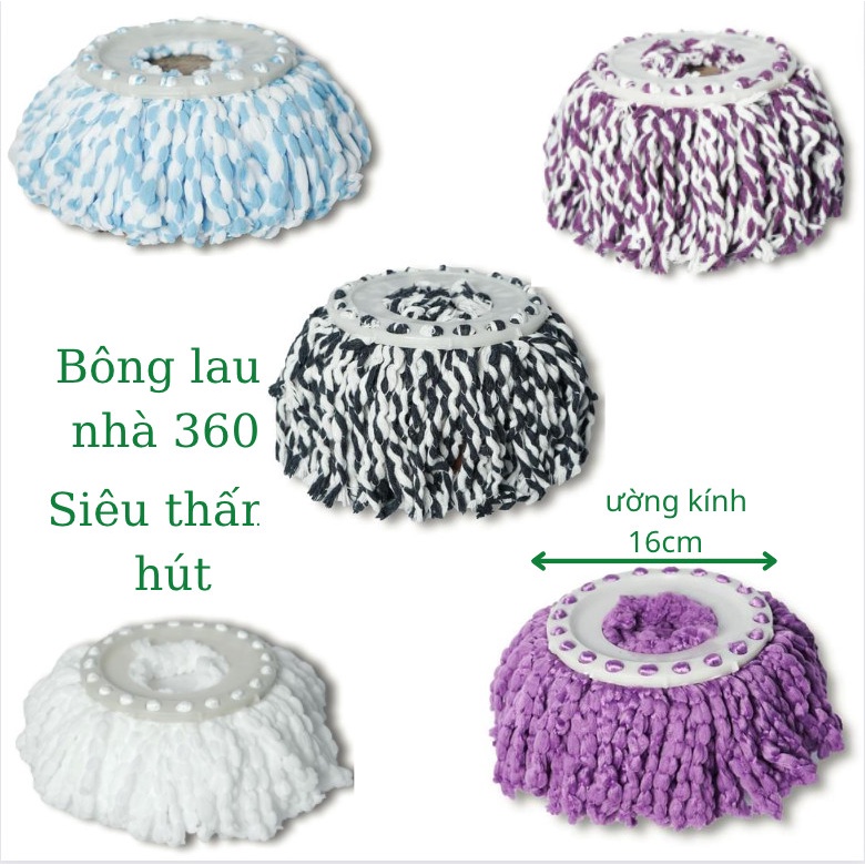 Combo bông lau nhà tự vắt 360 độ - bông lau thay thế cho cây lau nhà mâm tròn sợi cotton lau sạch thấm hút cực tốt