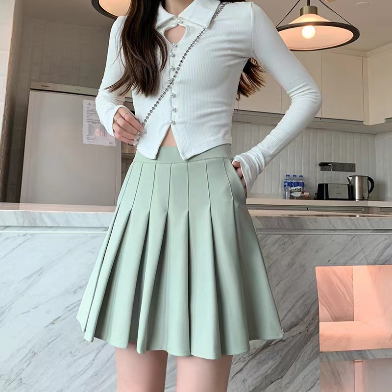 Chân Váy Chữ A Xếp Ly Lưng Thun Cao Có Túi An Toàn