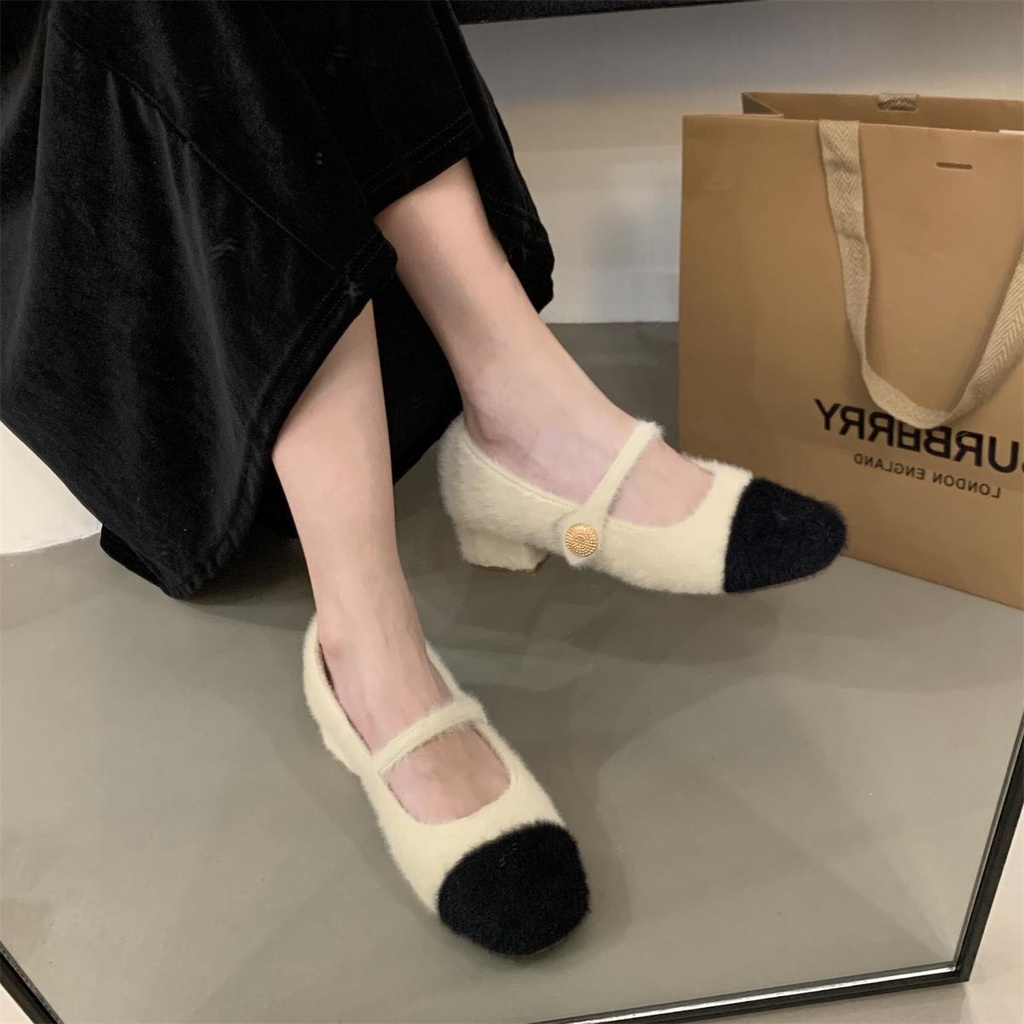 Giày Mary Jane Lót Lông Chồn Gót Dày Dặn Phong Cách Thời Trang Thu Đông Hàn Quốc 2022 Mới