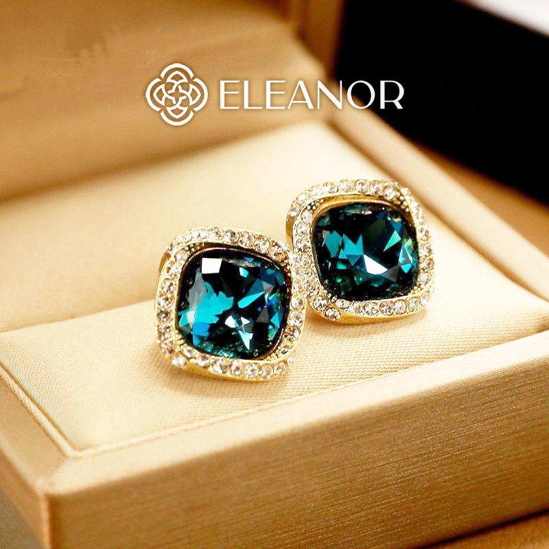 Bông tai nữ chuôi bạc 925 Eleanor Accessories hình vuông đính đá xanh phụ kiện trang sức 5033