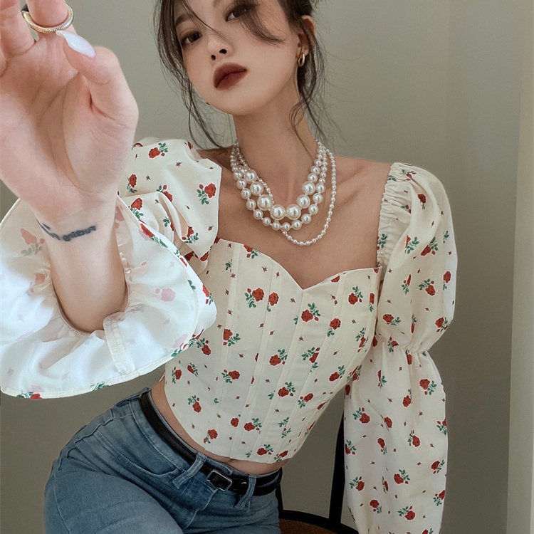 IELGY Áo Sơ Mi Ngắn Cổ Vuông In Hoa Phong Cách Pháp Cổ Điển Dành Cho Nữ