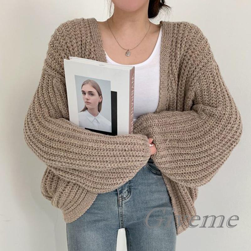 Áo Khoác Cardigan Dệt Kim Tay Phồng Màu Trơn Dáng Rộng Phía Trước Cho Nữ Giới