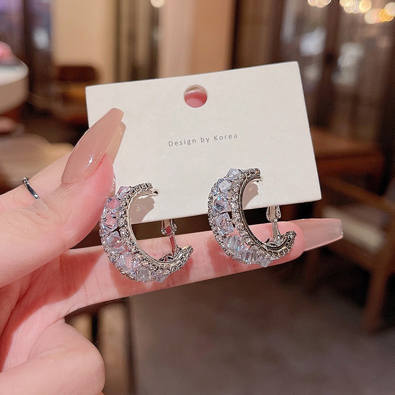 Bông Tai Mạ Bạc 925 Hình Chữ C Đính Đá Zircon Sang Trọng